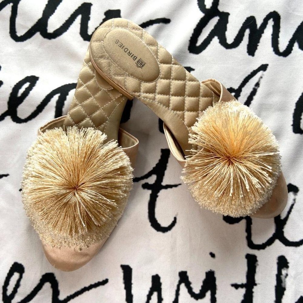 Birdies Songbird Peach Satin Pom Pom Mule Flats